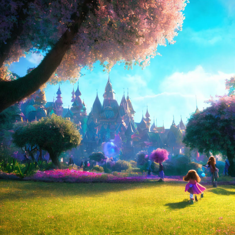 Children walking to colorful castle in blooming garden