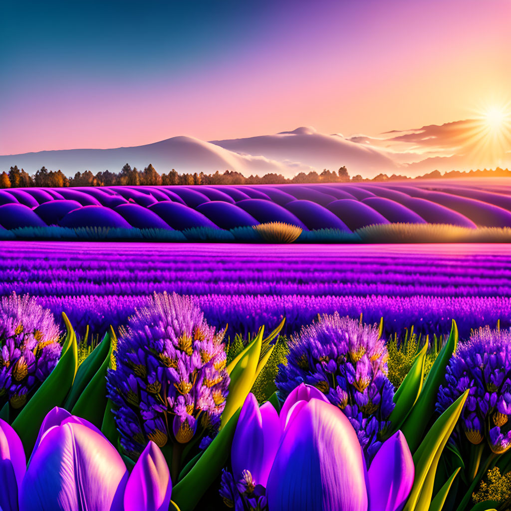 Scenic sunset over vibrant lavender fields and rolling hills