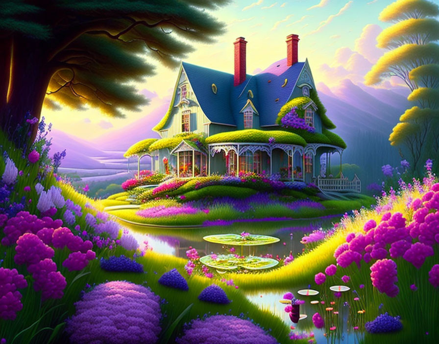 Fantasy cottage in lush gardens with pond under purple sunset sky