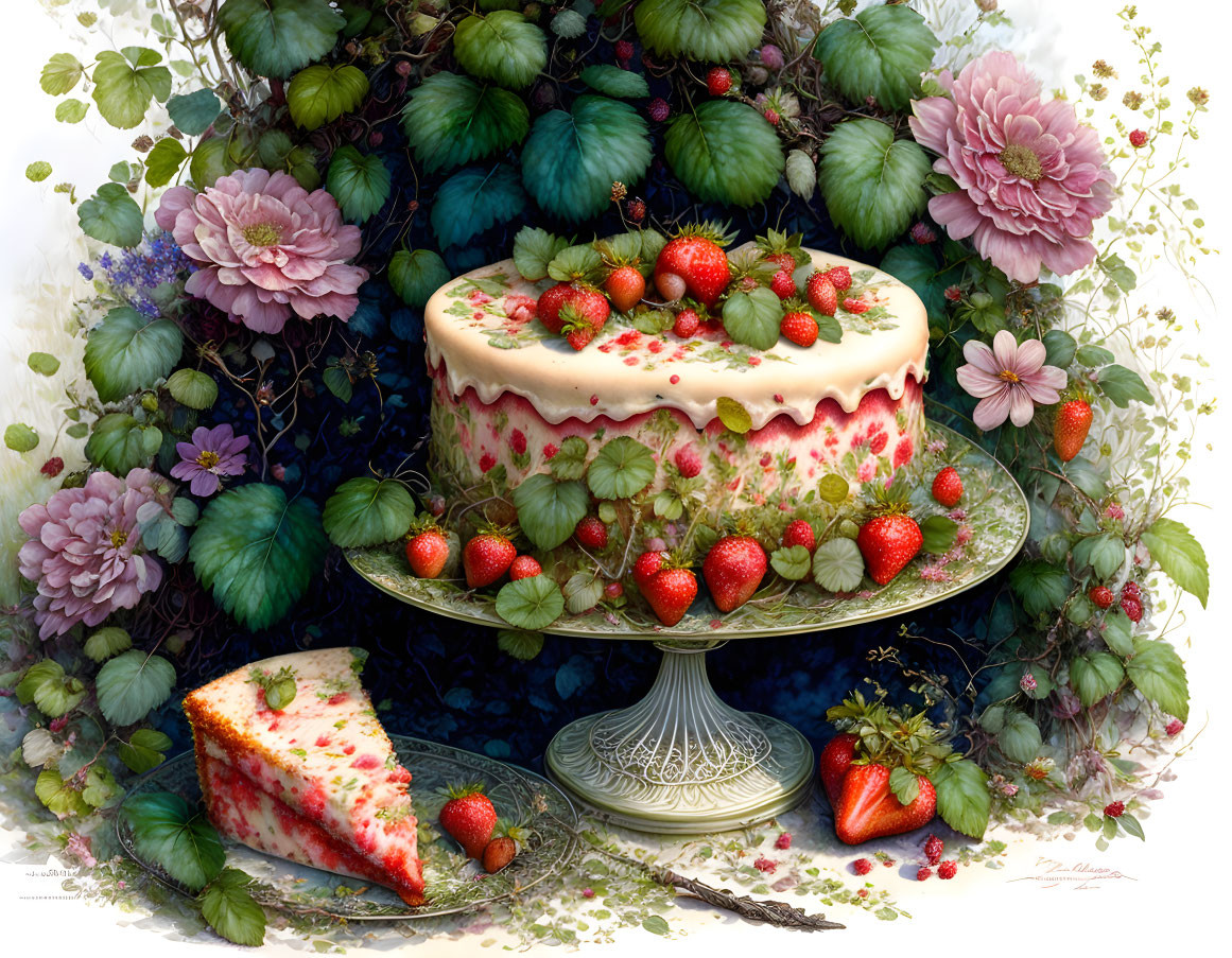 Decadent strawberry cake with slice cut out, surrounded by flowers on glass stand