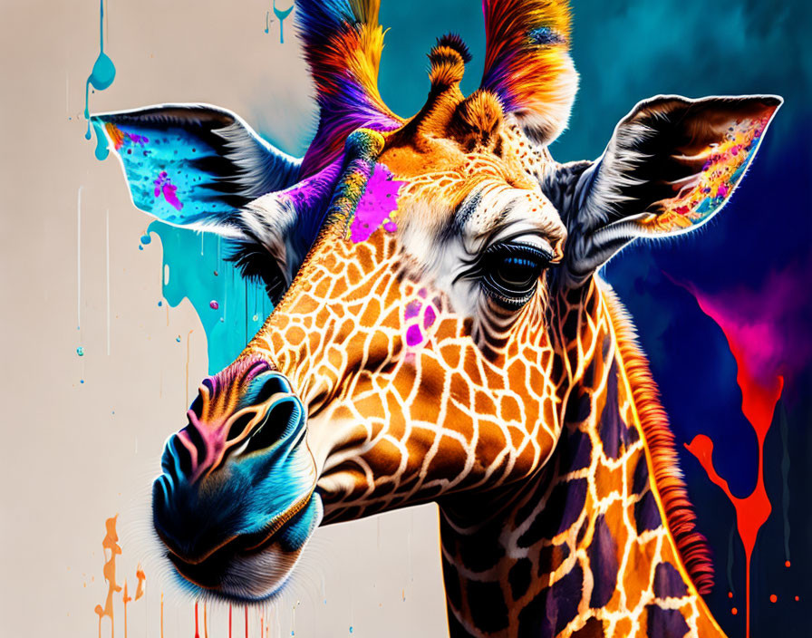 Colorful Giraffe Artwork with Abstract Paint Splashes on Dynamic Background