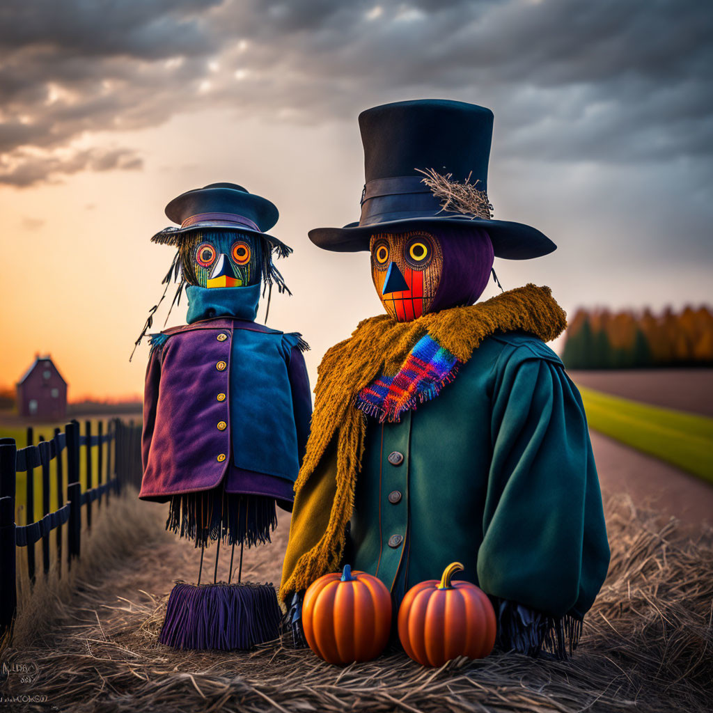 Colorful scarecrows with pumpkins in rural landscape at dusk