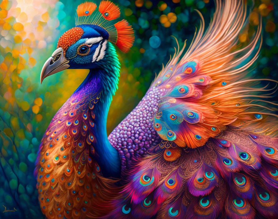 Vibrant peacock digital artwork with intricate details