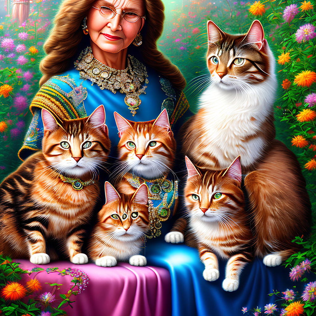 Woman with glasses and four cats among colorful flowers wearing matching necklaces