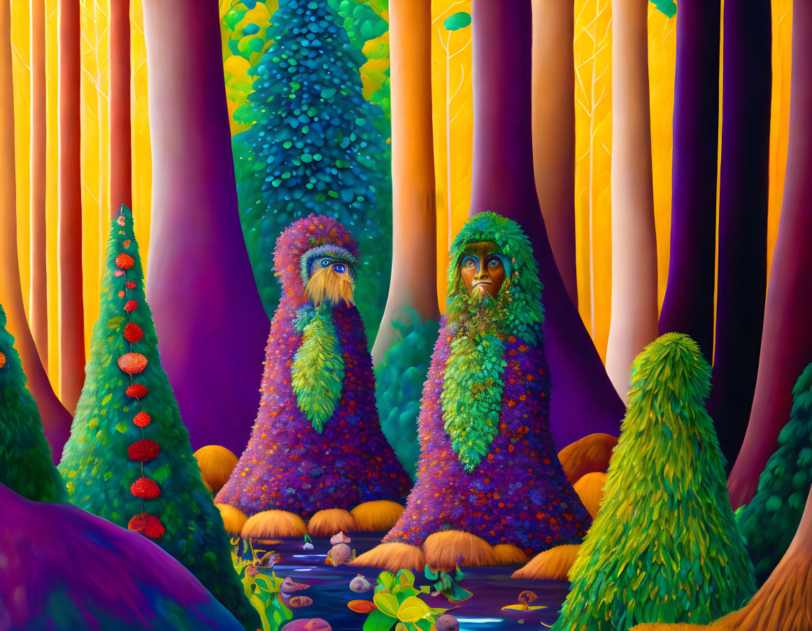 Colorful bearded fantasy creatures in vibrant forest scene