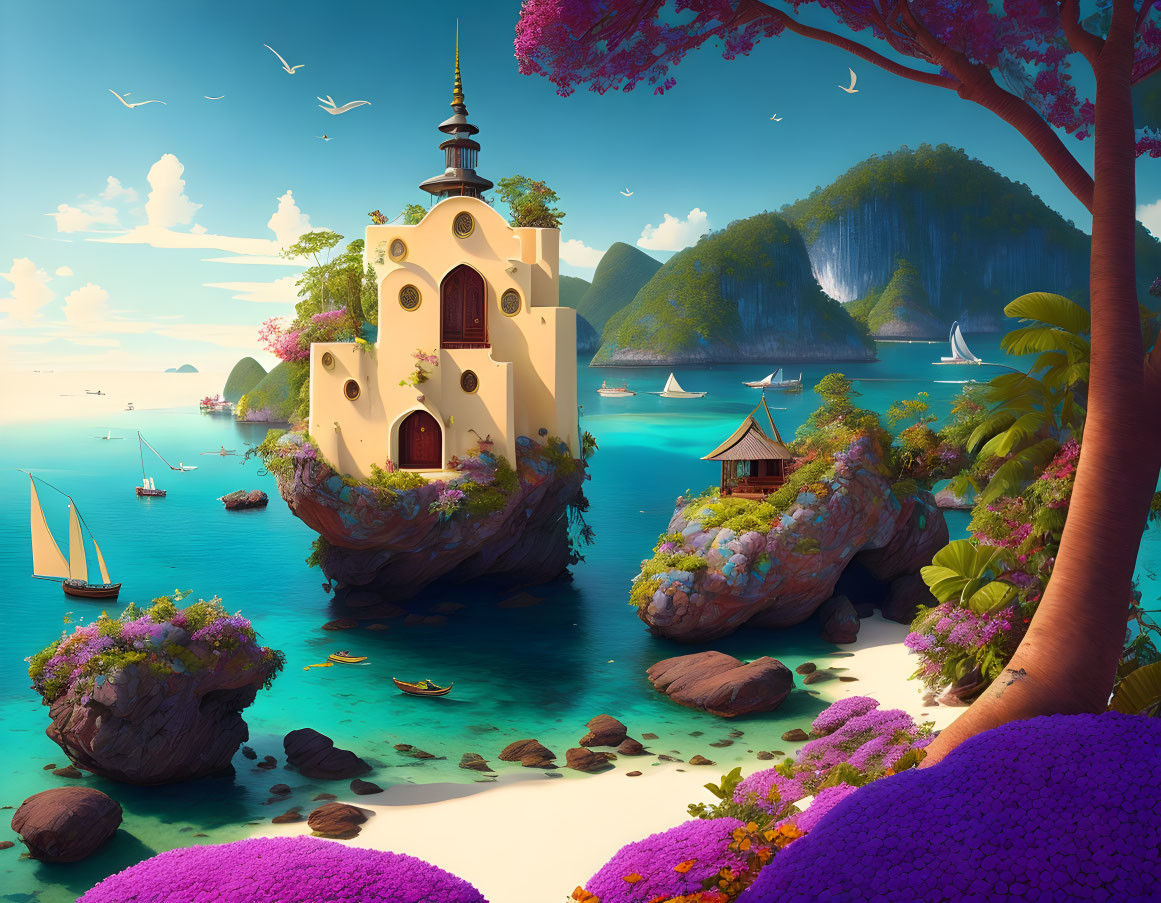 Whimsical castle on cliff in vibrant fantasy landscape