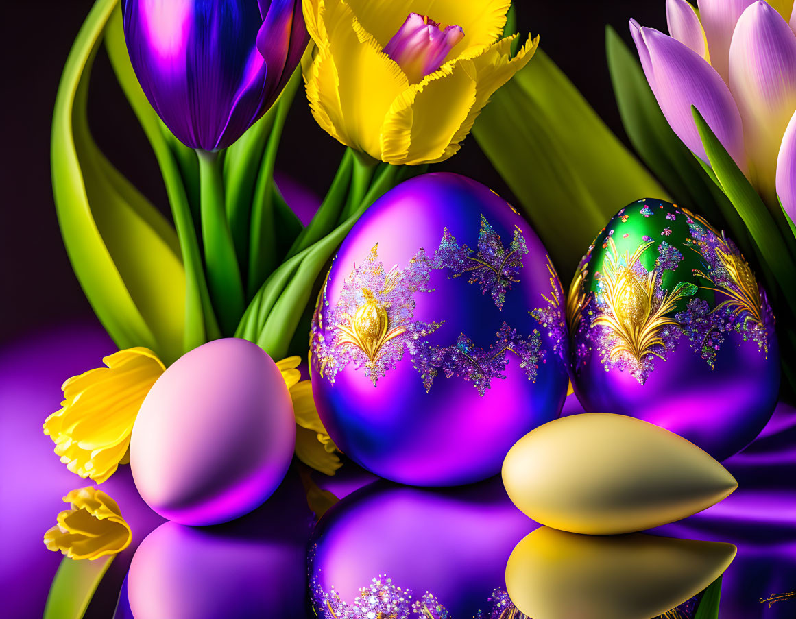 Colorful Easter Eggs and Spring Flowers on Reflective Purple Surface