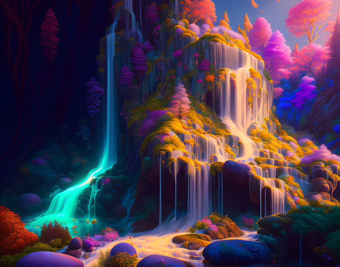 Colorful surreal landscape with waterfall and mystical glow