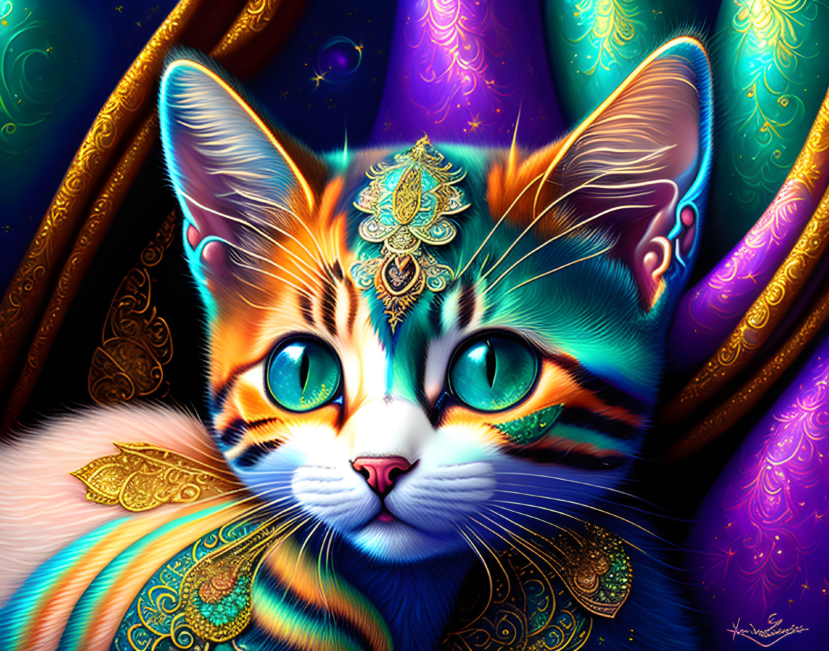 Vibrant Orange Tabby Cat Artwork with Gold and Teal Jewelry on Luxurious Purple Background