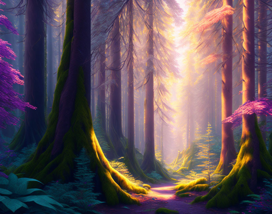 Vibrant purple foliage and moss-covered trees in enchanted forest path