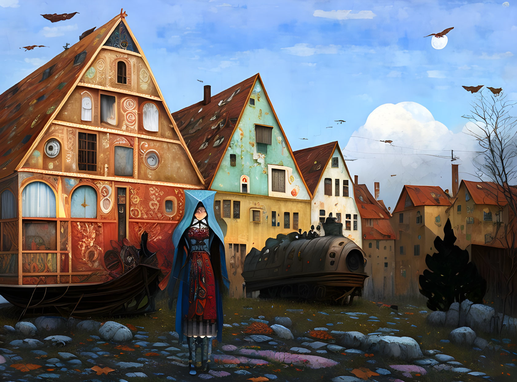 Cloaked Figure with Colorful Houses, Seagull, and Locomotive in Whimsical