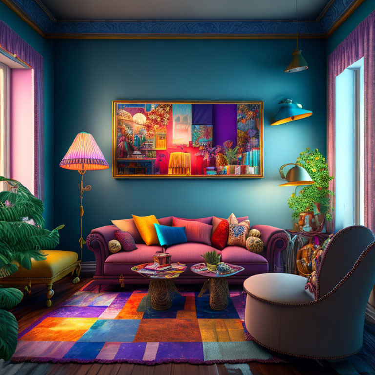 Colorful Living Room with Pink Sofa, Large Painting, Plants, and Ambient Lighting