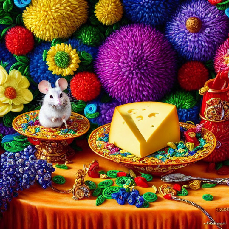 White Mouse with Cheese and Flowers on Colorful Tablecloth