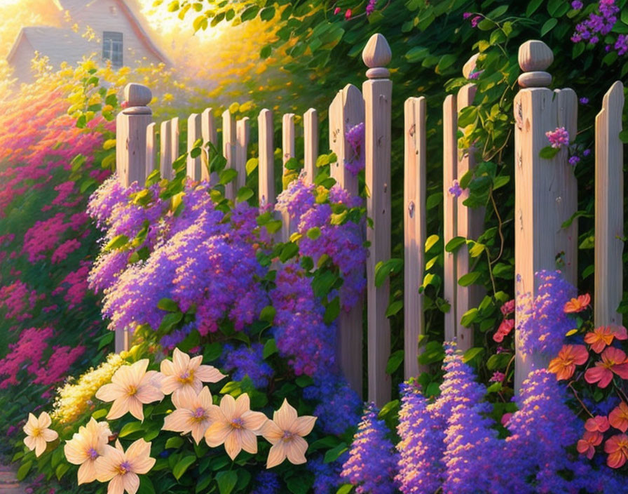 Colorful flower garden with wooden fence in warm sunlight