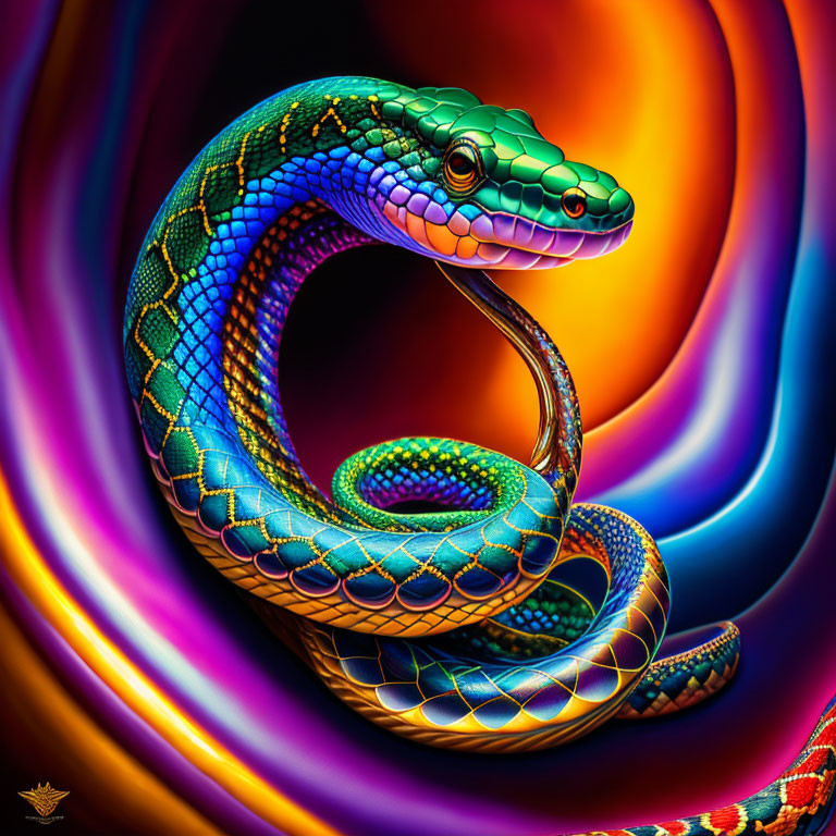 Colorful Digital Artwork: Coiled Snake with Iridescent Scales