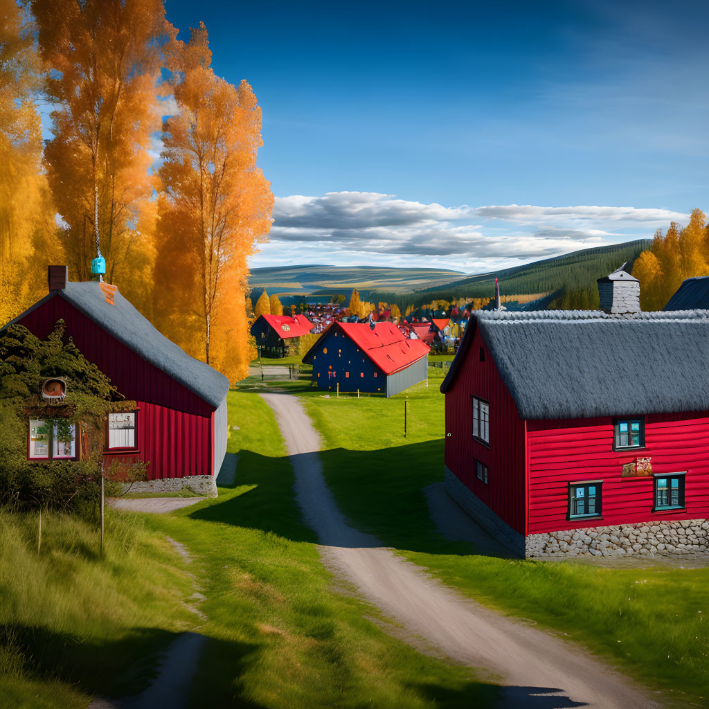 Scenic village with red houses, autumn trees, and blue sky