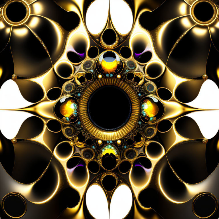 Symmetrical Gold and Black Fractal Design with Orbs