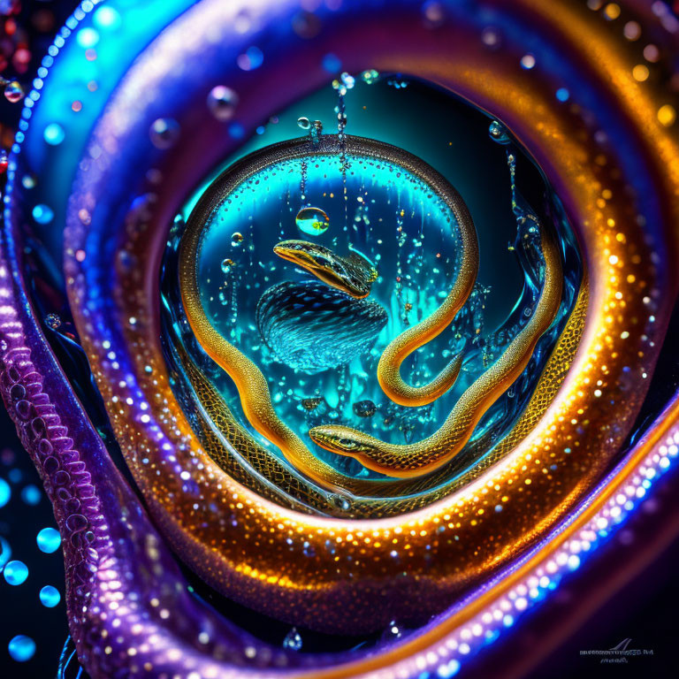 Colorful Macro Photo of Spherical Droplet with Swirls in Blue and Orange