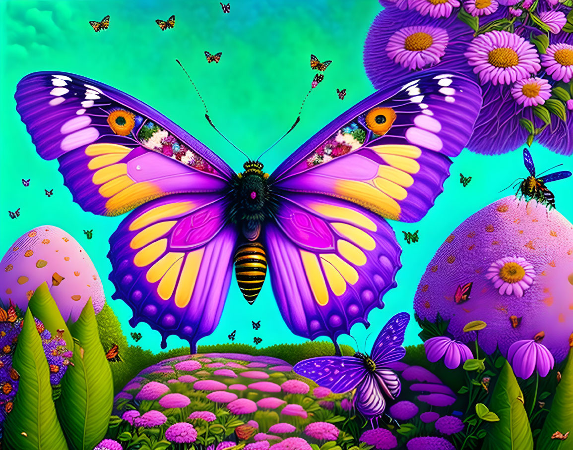 Colorful whimsical butterfly in fantasy landscape with floral eggs