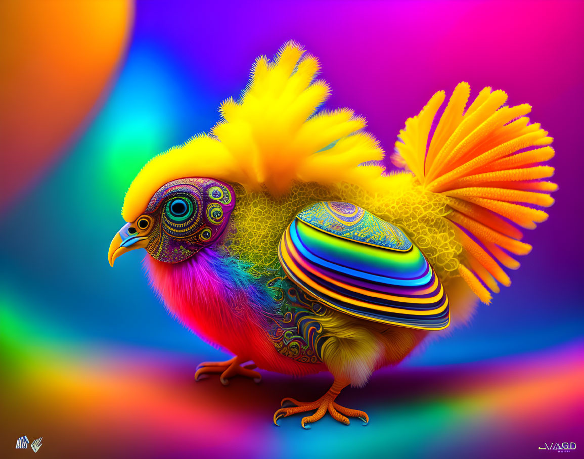 Colorful Stylized Bird with Detailed Feather Patterns on Psychedelic Background