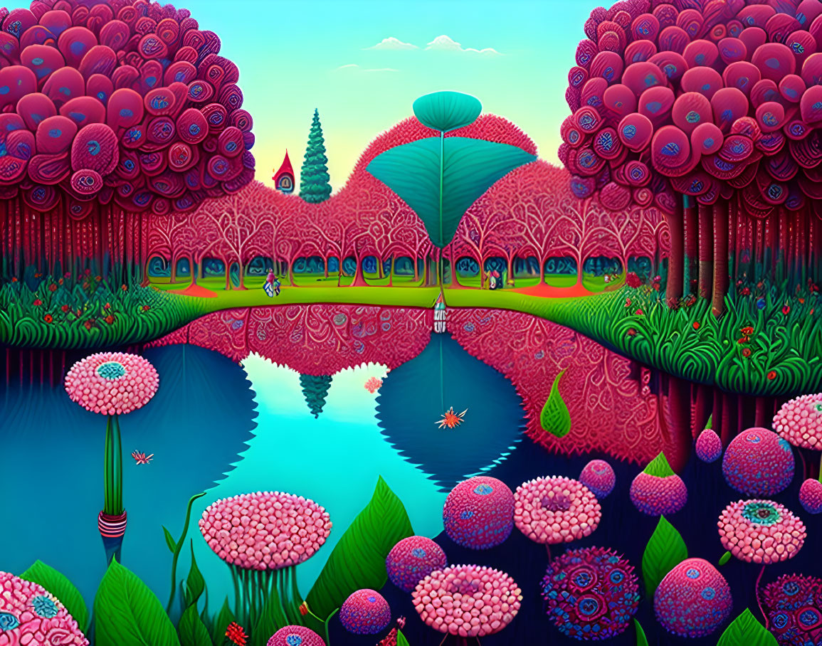 Fantasy landscape with pink trees, blue river, lotus flowers, and whimsical bridge