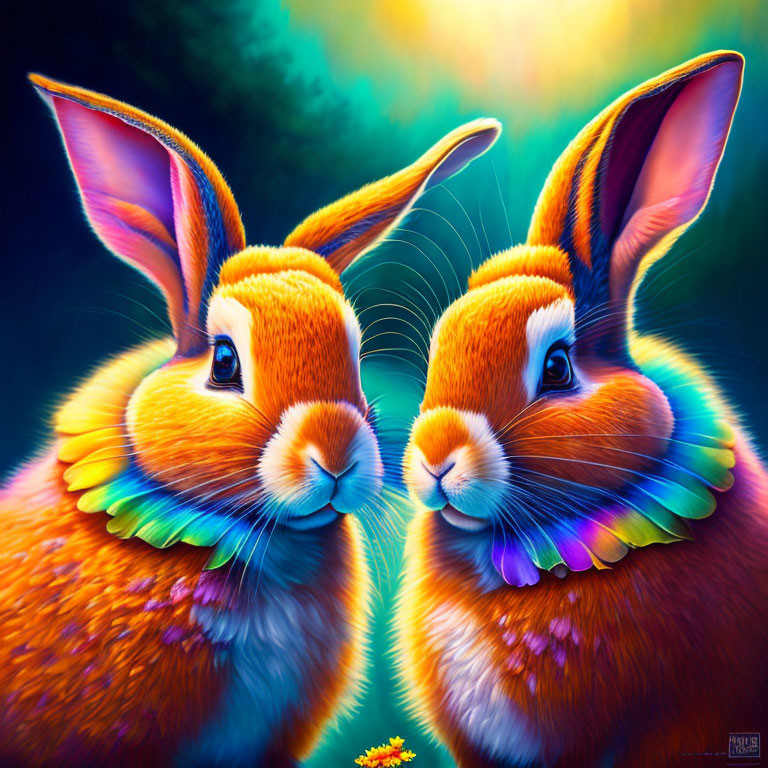 Colorful rabbits with rainbow fur on greenish-blue background