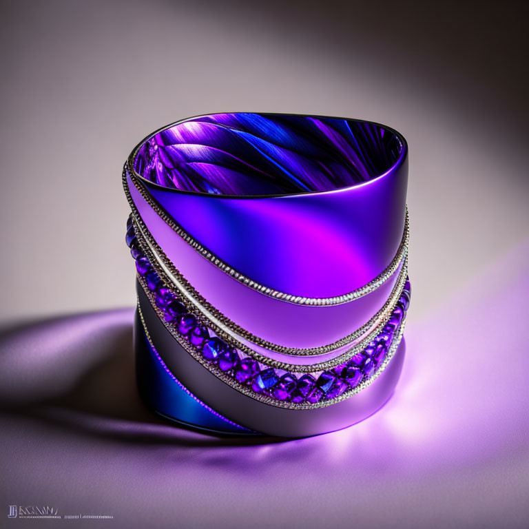 Reflective Blue and Purple Gradient Metallic Bracelet with Crystal Band and Chain Detailing