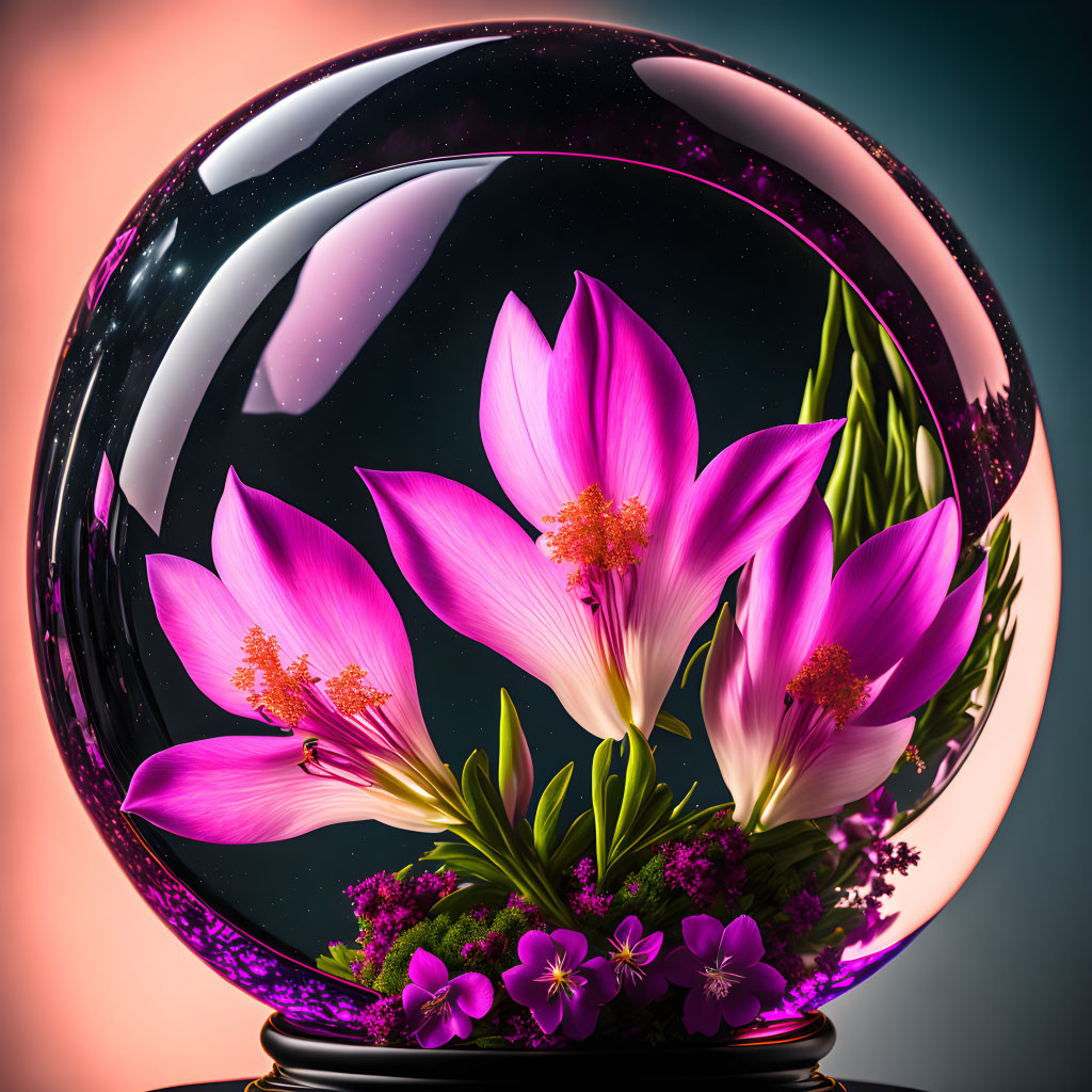 Digital art: Vibrant pink flowers in transparent sphere with cosmic background