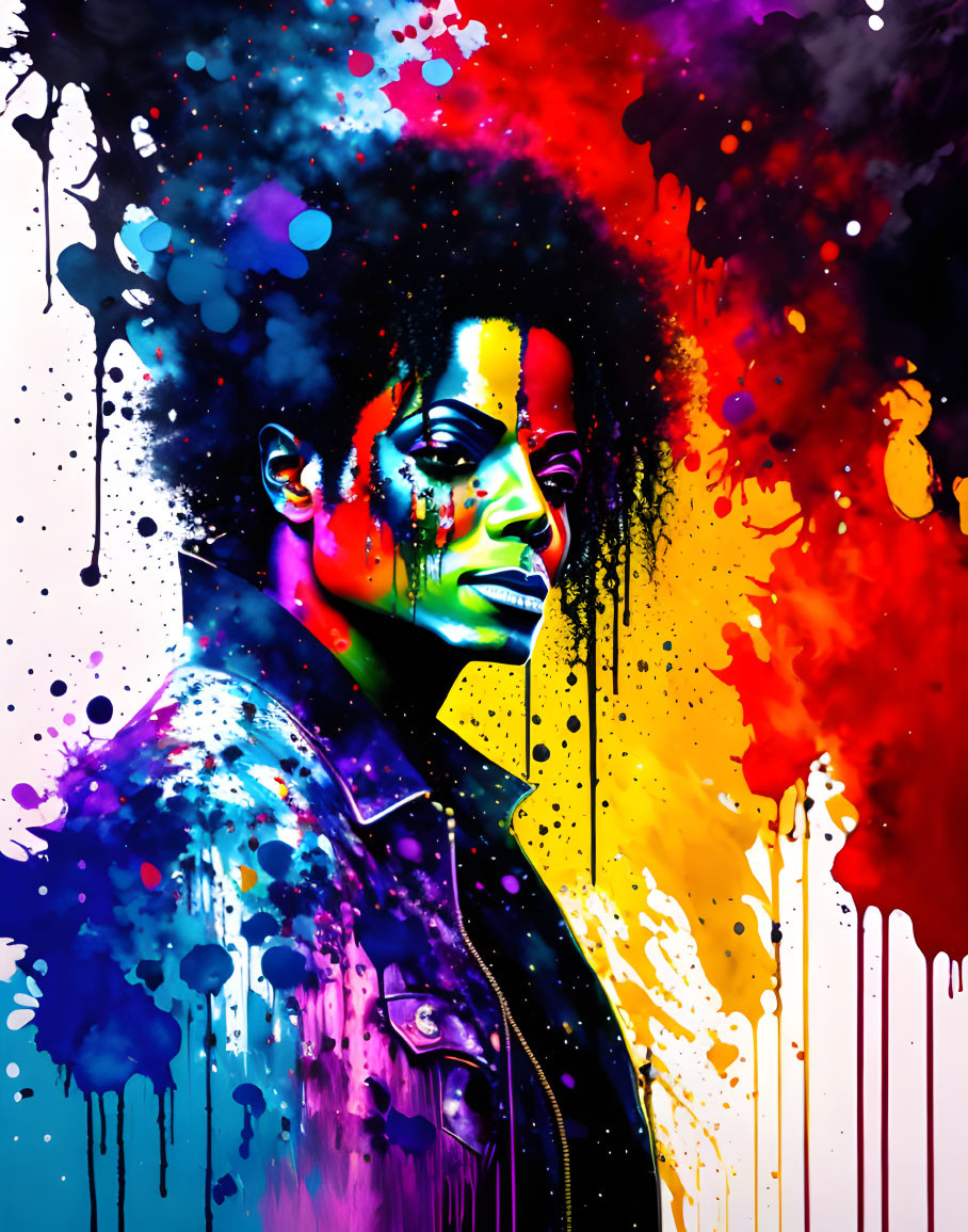 Colorful portrait with contemplative expression and vivid blend of blues, purples, yellows,