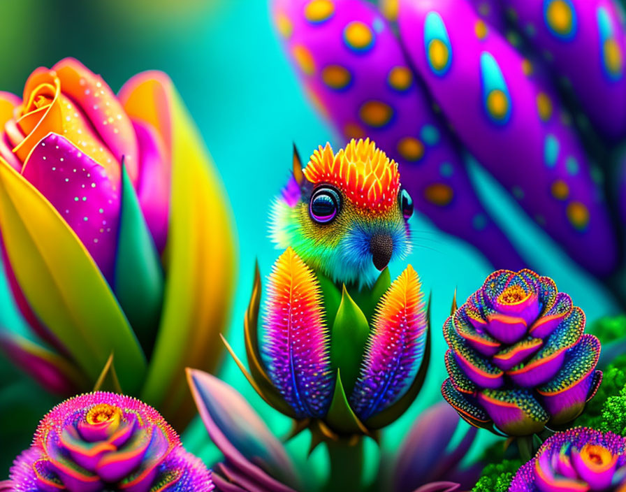 Colorful surreal creature with rainbow feathers in neon fantasy setting