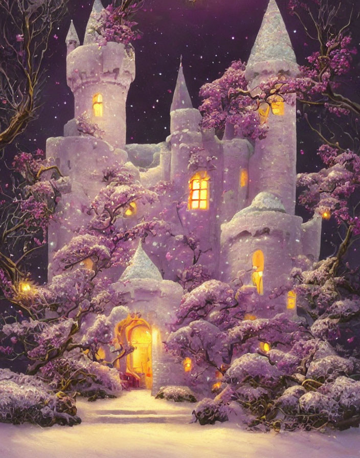 Snow-covered castle at twilight surrounded by purple snow-laden trees