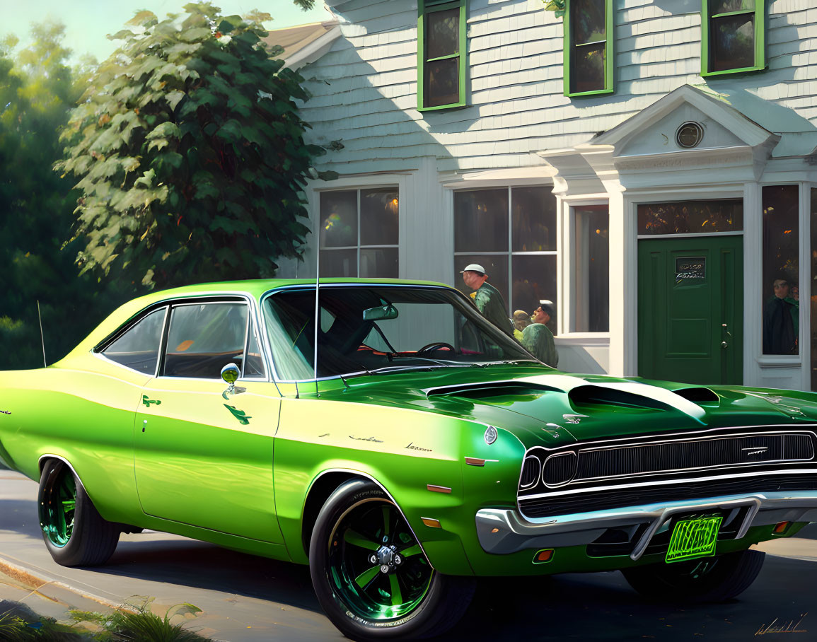 Vintage Muscle Car Parked by White House with Man in Uniform on Sunny Day