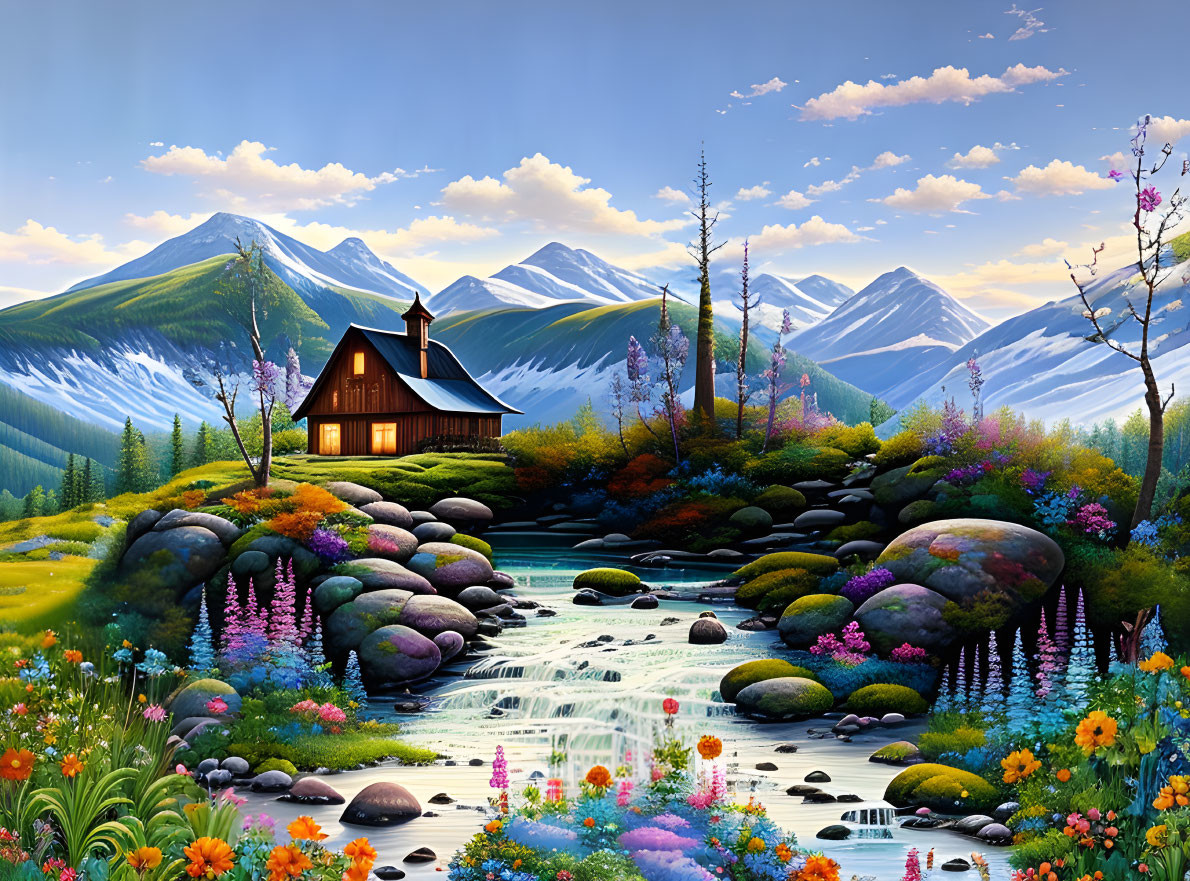 Scenic landscape: cabin by stream, vibrant flowers, mountains