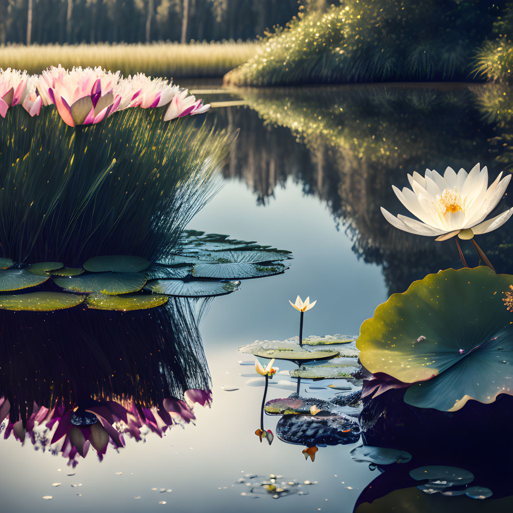 Tranquil pond scene with lotus flowers and lily pads at dusk