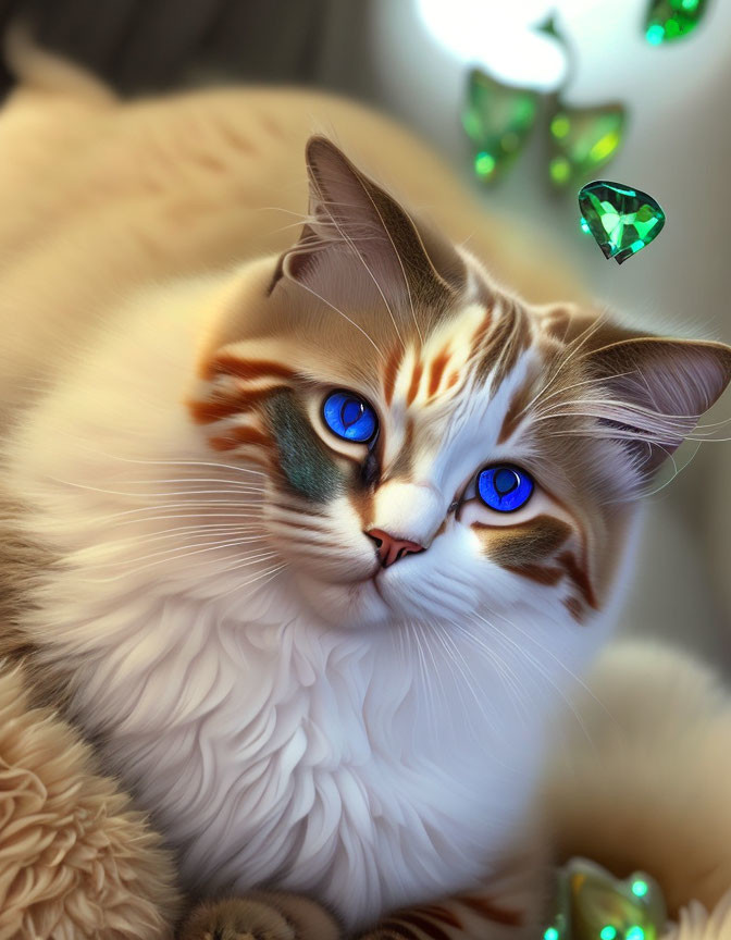 Fluffy white and brown cat with blue eyes surrounded by green gemstones