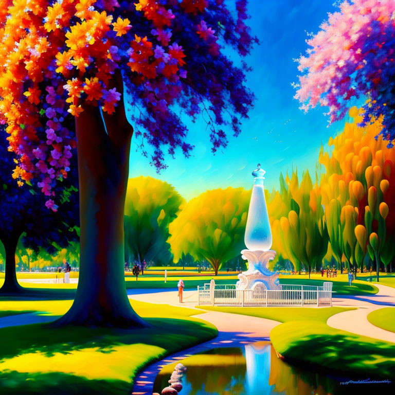 Lush Trees, Fountain, Serene Pond in Colorful Park