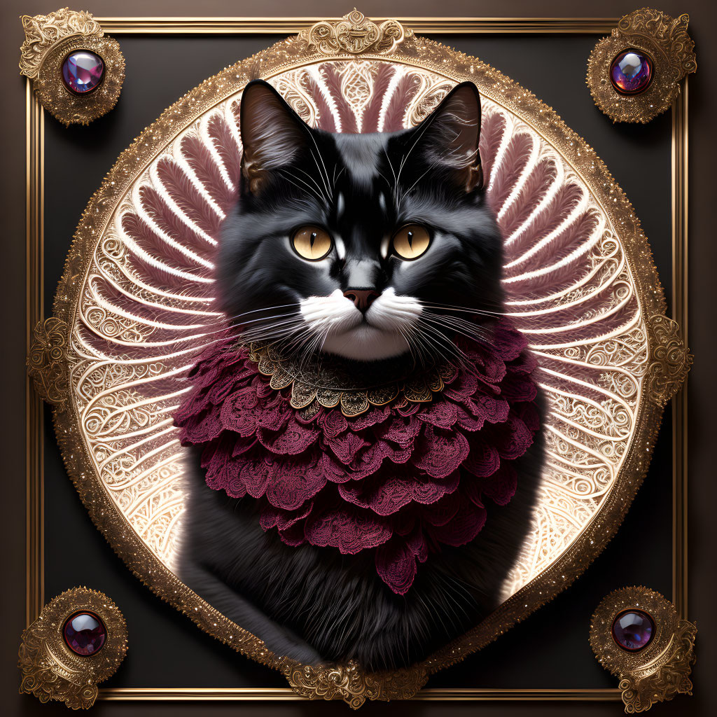 Regal Black and White Cat Portrait in Ornate Golden Frame