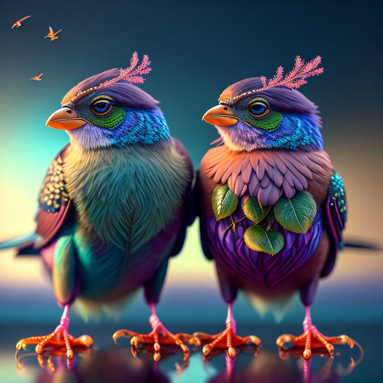 Colorful Stylized Birds with Leafy Wings in Twilight Scene