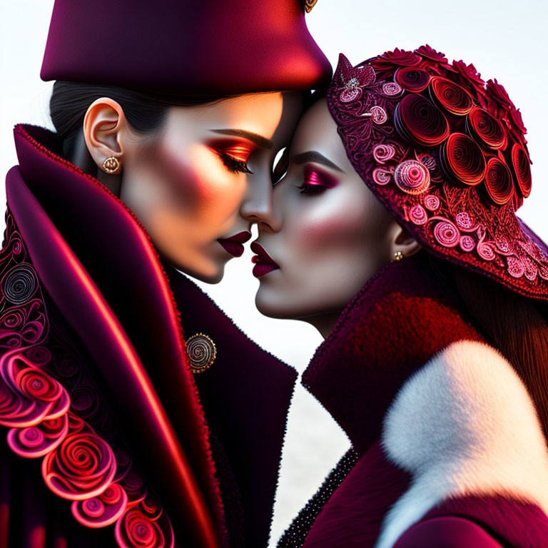 Models in artistic makeup and embellished hats in vibrant red and purple tones pose intimately.