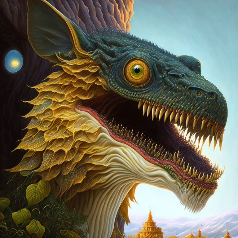 Detailed dragon artwork with intricate scales and sharp teeth in front of a small temple