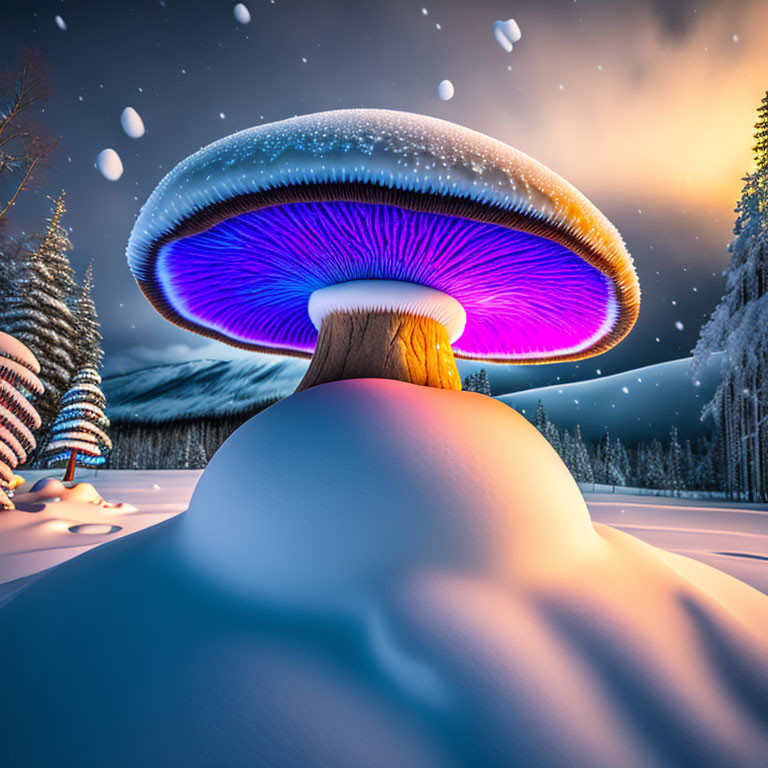 Giant Glowing Mushroom in Snowy Forest Dusk Sky