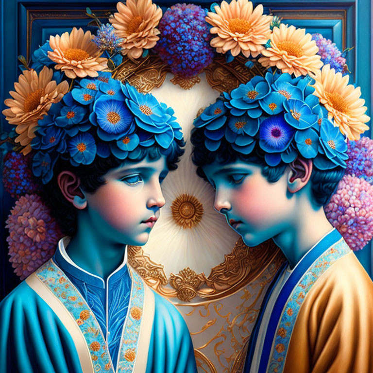 Stylized figures with floral headdresses in blue and gold attire