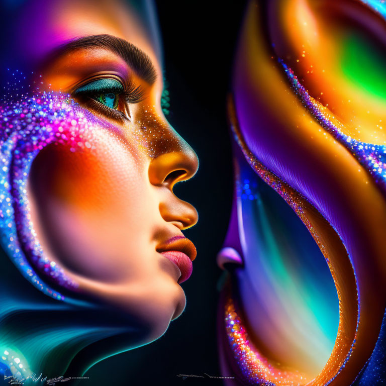 Colorful close-up portrait of a woman with sparkling makeup and iridescent patterns.