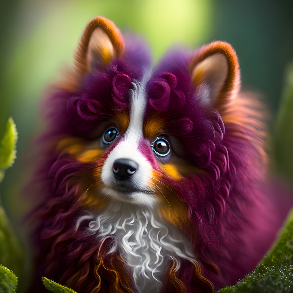 Vivid Purple and Orange Fur Dog with Blue Eyes