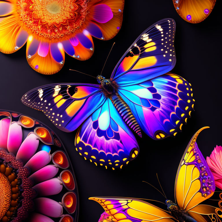 Colorful Butterfly Artwork with Flowers on Dark Background