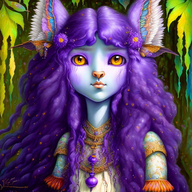 Illustration of whimsical creature with purple fur and yellow eyes on leafy green backdrop