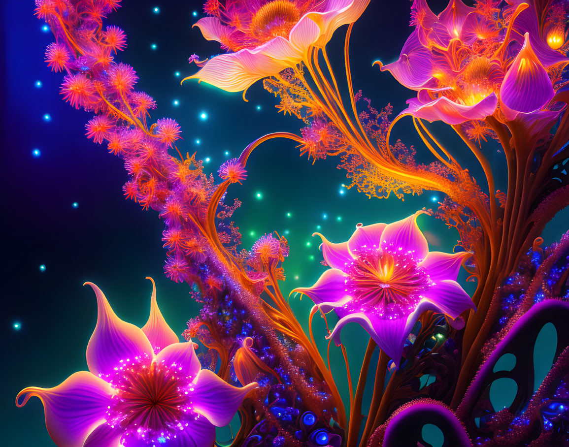 Colorful digital artwork: Neon-lit fantasy flowers and plants in pink, orange, and blue hues