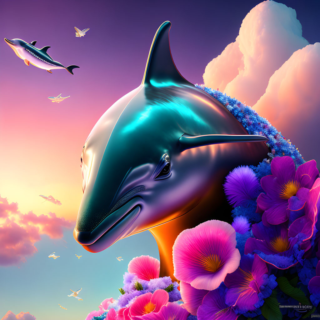 Colorful digital art: Smiling dolphin amidst flowers, flying fish, and birds in dreamy sky