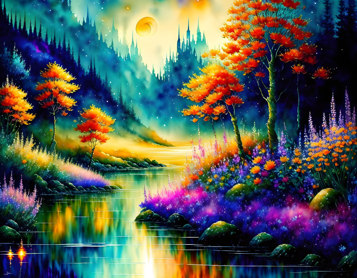 Fantasy landscape with luminous trees, reflective river, purple flora, and castle silhouette