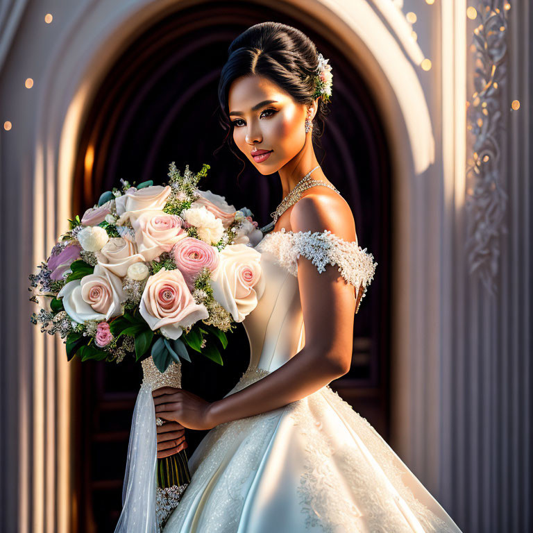 Bride in white gown with lace sleeves holding roses in warm, lit archway.